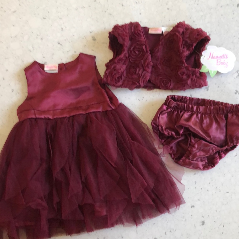 NWT Nannettw Baby Maroon Dress 12 months